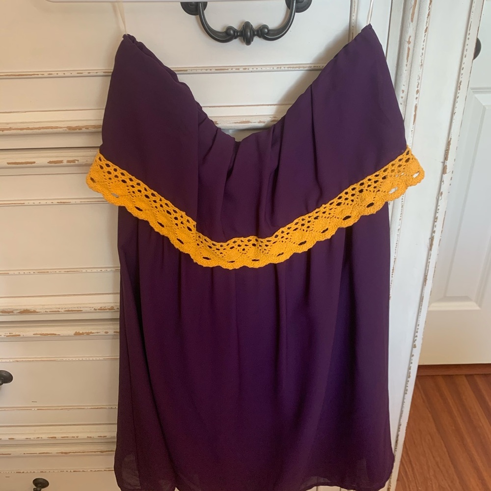 Strapless purple and gold dress